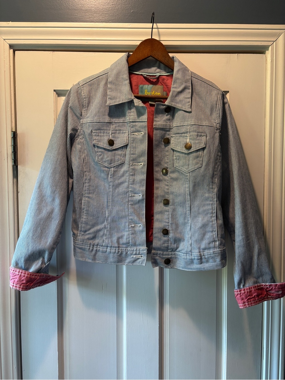 Boden Blue Pinstripe Denim Jacket with Pink Lining